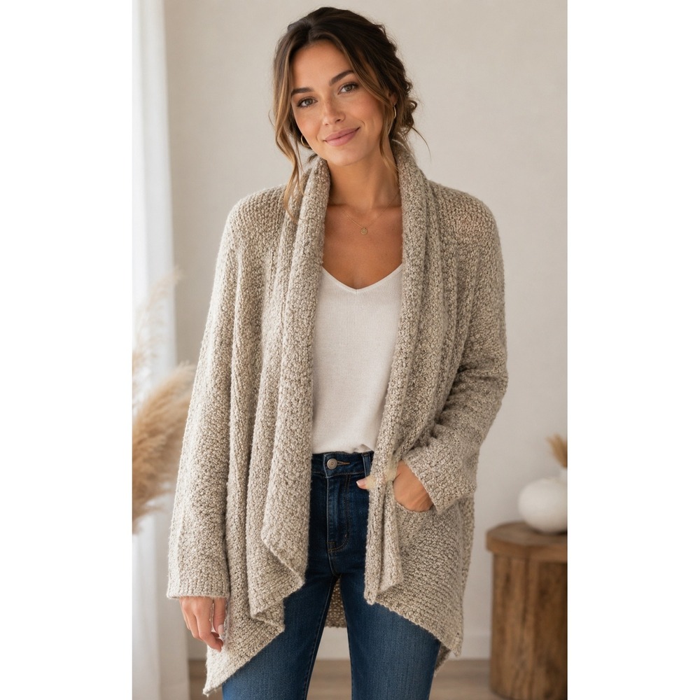 Free People Womens M Oversized Knit Cardigan Beige Open Front Sleeve Sweater